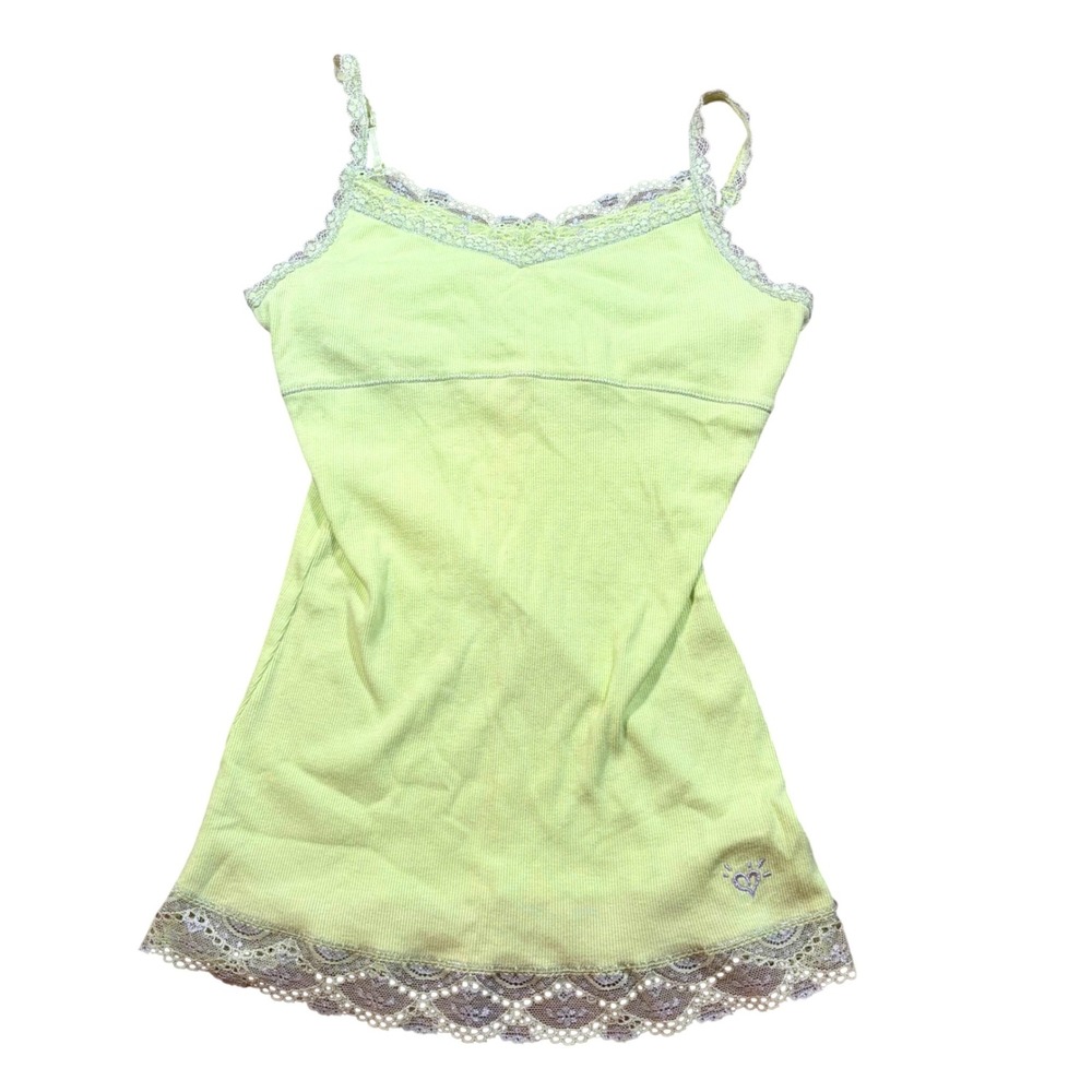 Y2K Bella Swan Cami Lime Green Lace Trim Ribbed Cami Tank Top Girls 16 Women XS